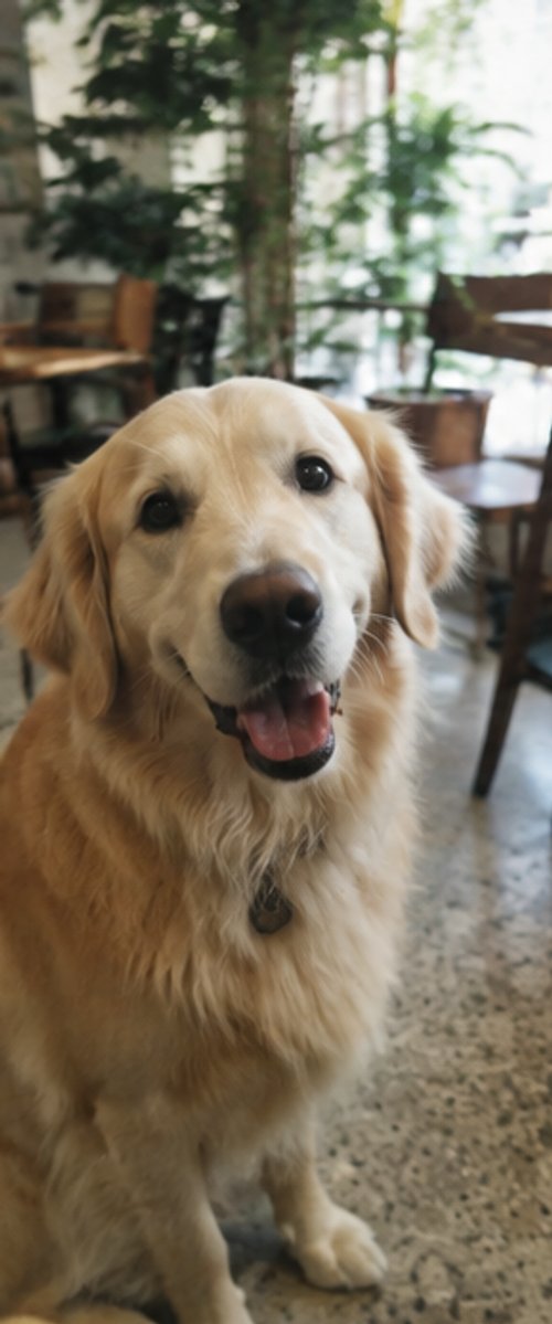 Cafe'de mutlu golden retriever