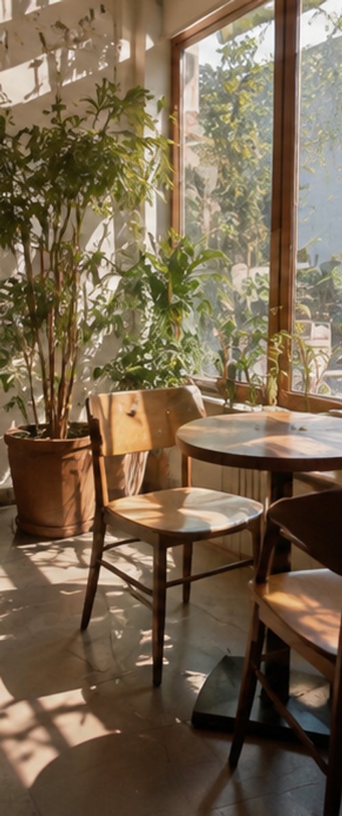 Güneşli, samimi cafe alanı
